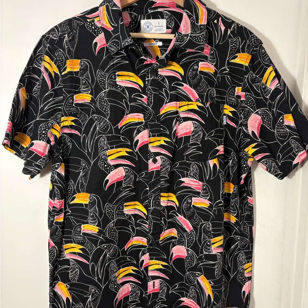 Hurley Black Shirt with Pink and Yellow Tropical Print